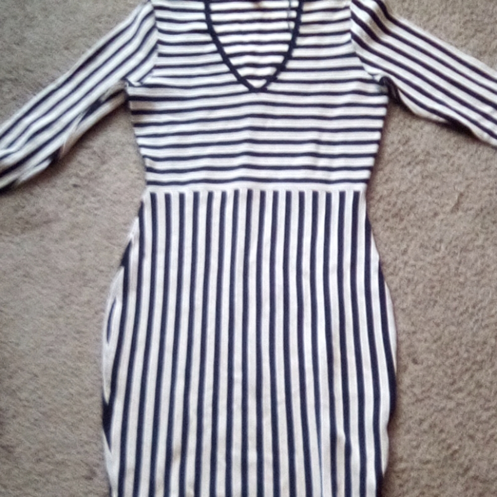 H & M Women Strips V Neck Formal Office Church Work party Boho Dance Dress - Picture 3 of 11